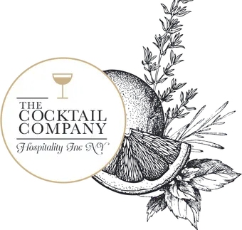 The Cocktail Company, Hospitality Inc NY badge with a hand-drawn orange and herbs